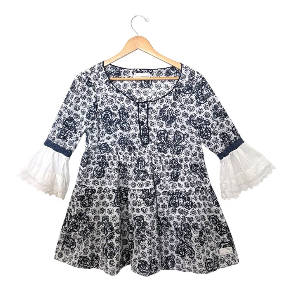 Odd Molly Babydoll Dress Size 2 Blue + White Cotton Print Lace + Eyelet Sleeves